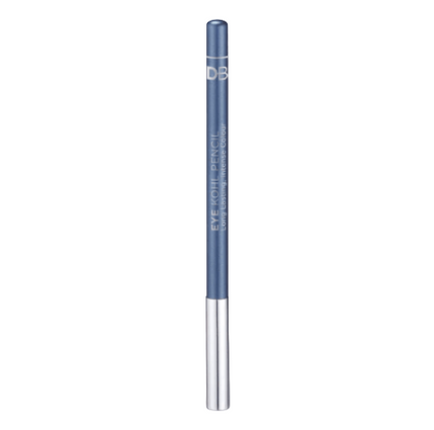 A metallic blue kohl eye pencil from DB Cosmetics, with the cap removed, displayed on a neutral background.