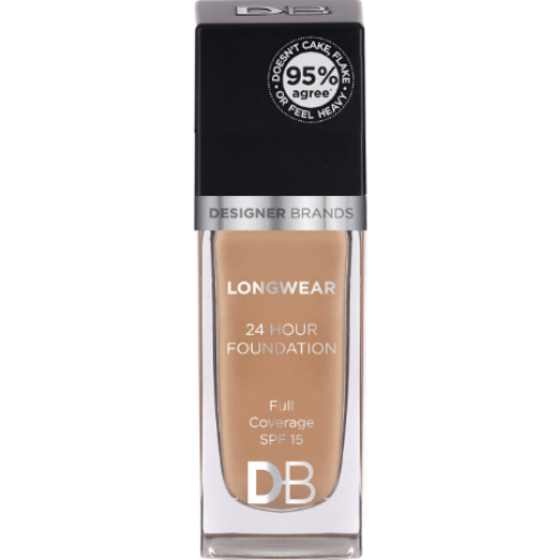A bottle of DB Cosmetics Longwear 24 Hour Foundation in a shade called Warm Honey, with a label stating it is 99% Agreed Upon by Designer Brands.