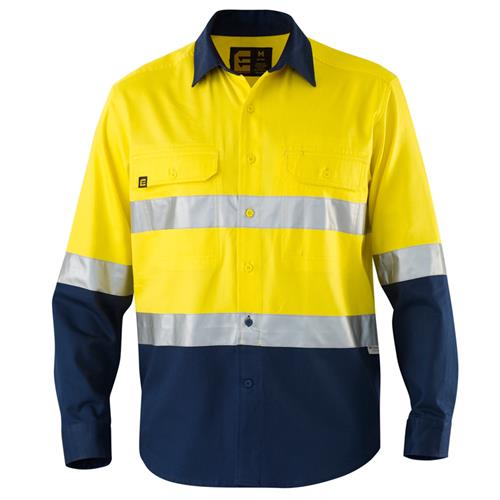 Eleven Workwear Evolution Hi-Vis L/S Drill Shirt Yellow Navy