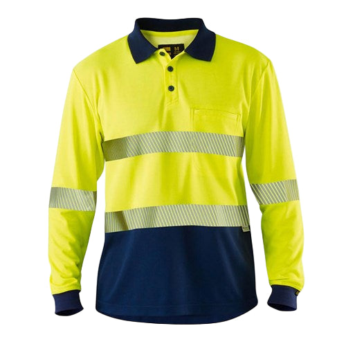 Eleven Workwear Spliced Hi-Vis Segmented Hoop Taped L/S Polo Shirt Yellow Light Charcoal 2Xl