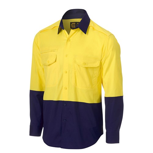 Eleven Workwear Hi Vis Cotton Ripstop Long Sleeve Shirt Yellow Navy