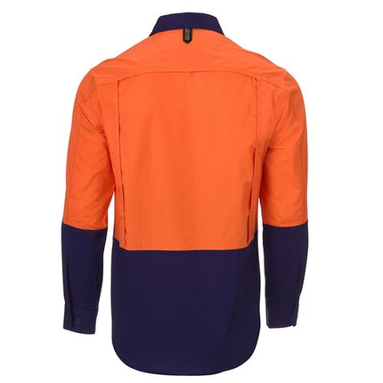 Eleven Workwear Hi Vis Cotton Ripstop Long Sleeve Shirt Orange Navy