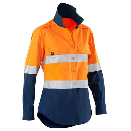 Eleven Workwear Women’s Aerocool Spliced Hivis Perforated 3M 'Hoop' Taped Shirt Orange Navy