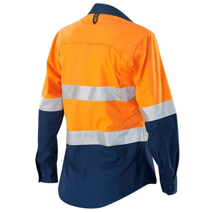 Eleven Workwear Women’s Aerocool Spliced Hivis Perforated 3M 'Hoop' Taped Shirt Orange Navy