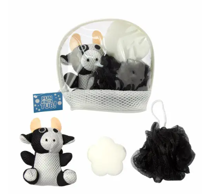 Fun in the Bath Cow Shaped Animal Plush Sponge And Loofa Bath Gift Set - OhYouLuckyDuck.com.au