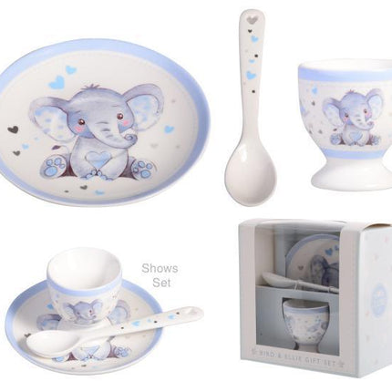 Baby Boy Elephant Ceramic Egg Cup, Spoon & Plate
