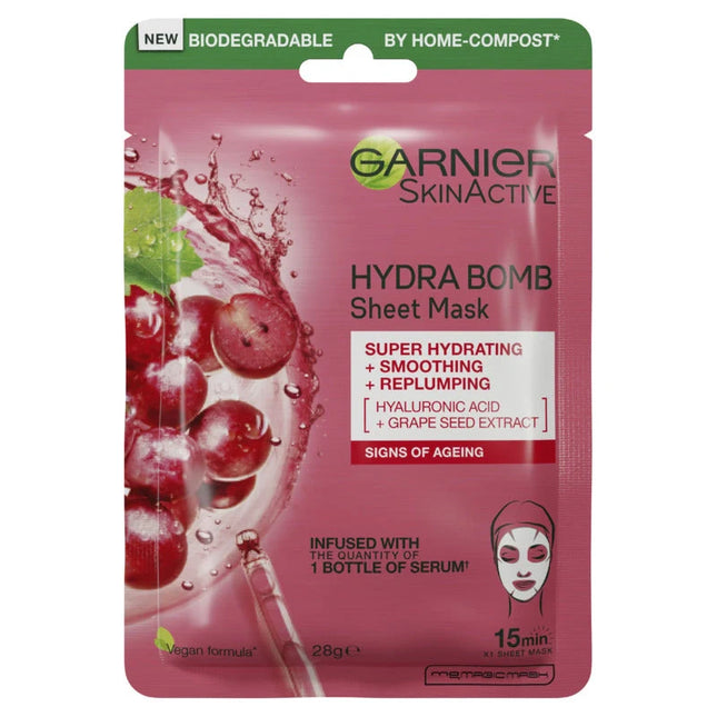 Garnier Hydra Bomb Hyaluronic Acid + Grape Seed Anti Ageing Sheet Mask 28g - OhYouLuckyDuck.com.au