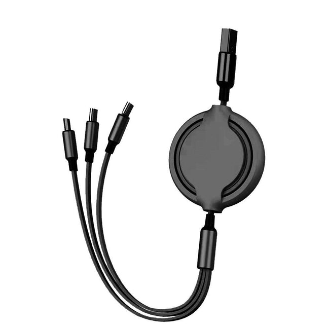 Retractable 3-In-1 Lightning Micro USB Type C Charging Cable - Black - OhYouLuckyDuck.com.au