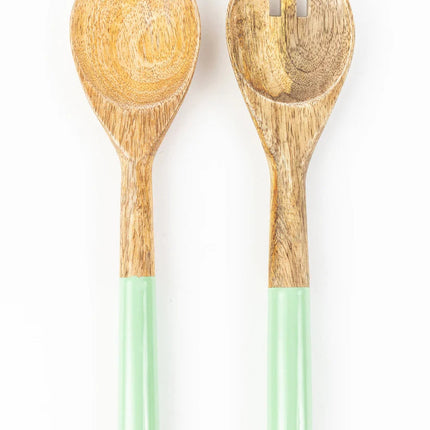 Bondi Salad Servers Set of 2 in Green Mango Wood and Enamel 28cm
