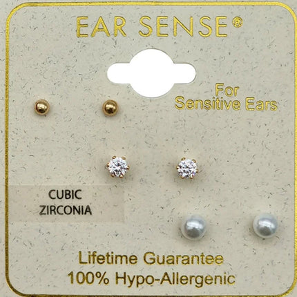Ear Sense Small Gold Ball CZ & Pearl Trio