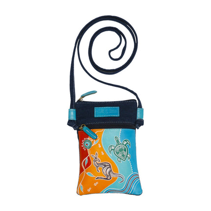 Kangaroo Gifts Hand Painted Leather And Denim Crossbody Hippie Sling Bag 13 x 19CM