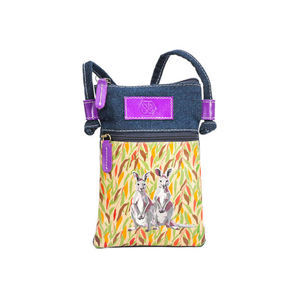 Kangaroo Gifts Hand Painted Leather And Denim Cross Body Hippie Sling Bag 13 x 19CM