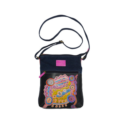 Kangaroo Gifts Artisan Hand Painted Leather And Denim Combo Shoulder Bag
