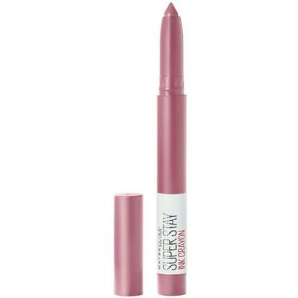 Maybelline Superstay Ink Crayon Lipstick in color '30 Seek Adventure', showing the lip crayon pencil with the cap off, indicating a pink shade.