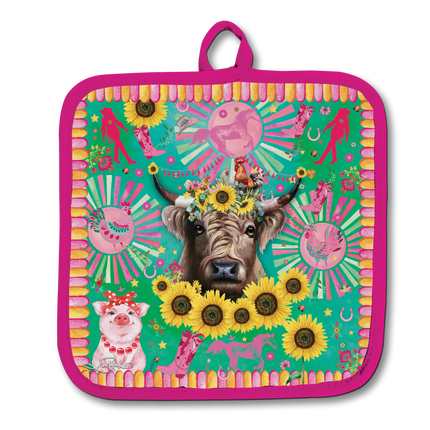 Lisa Pollock Carnival Cow Cotton Oven Mitt and Pot Holder Set