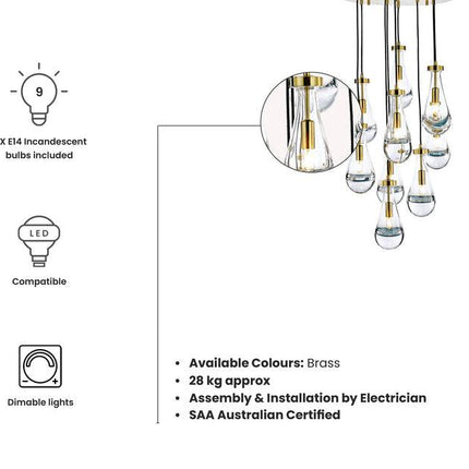 Rayne Collection - Round Cluster - W:50cm H:100cm- Brass Chandelier - OhYouLuckyDuck.com.au