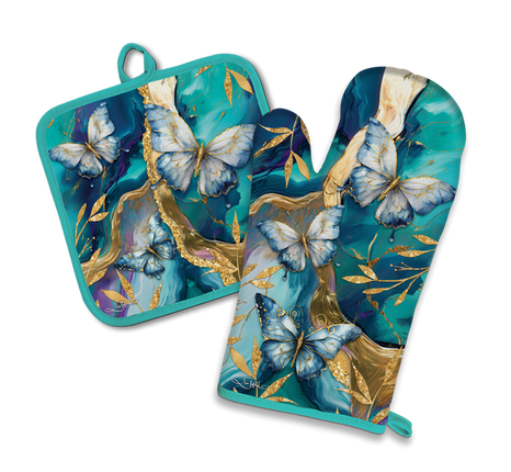 Lisa Pollock Tranquil Butterflies Oven Mitt and Pot Holder Set