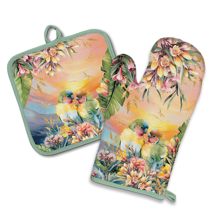 Lisa Pollock Cotton Oven Mitt and Pot Holder Set Sunset Love Birds Design