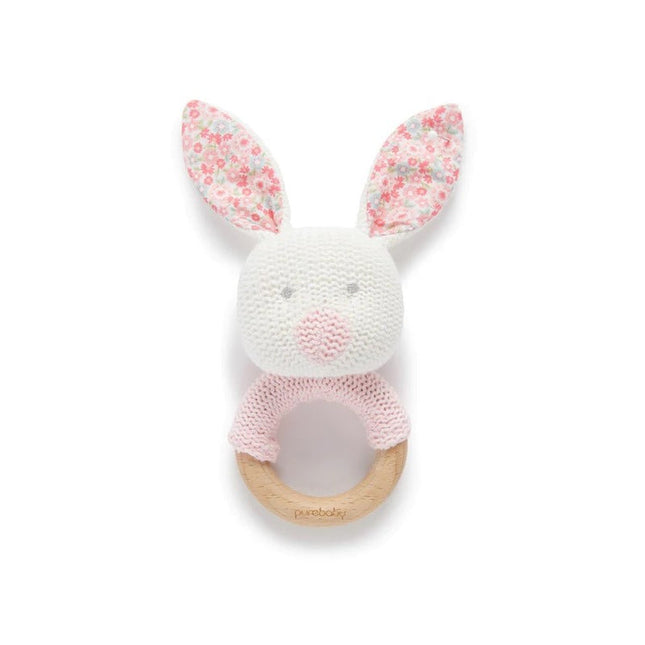 Purebaby Knitted Bunny Rattle with Wooden Handle