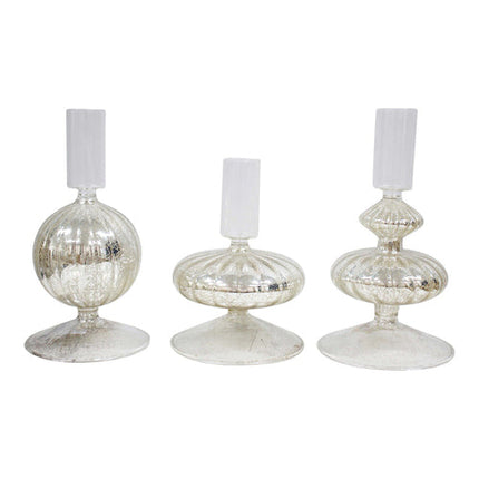 Lavida Glass Sparkle Taper Stick Candle Holder Set Silver