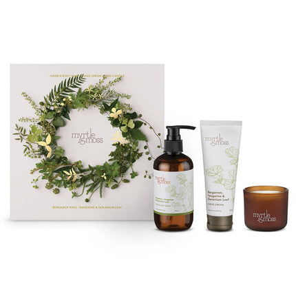 Myrtle and Moss Christmas Bergamot Tangerine and Geranium Leaf Trio Gift Set 250ML 75ML 70G