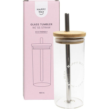 Happy Way Glass Tumbler + Stainless Steel Straw 580mL