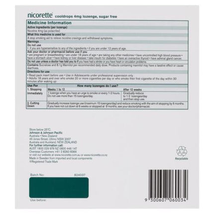 Nicorette Cool Drops Lozenges Icy Mint Extra Strength 8 X 20 Pack - OhYouLuckyDuck.com.au