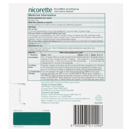 Nicorette QuickMist SmartTrack Nicotine Cool Berry Mouthspray Duo Pack 2 X 150 Sprays - OhYouLuckyDuck.com.au
