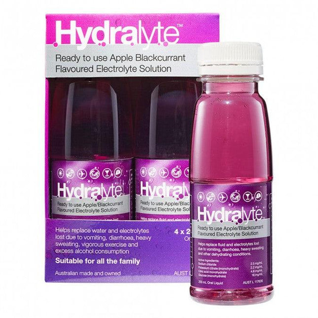 Hydralyte Electrolyte Solution Apple Blackcurrant 4 X 250ml - OhYouLuckyDuck.com.au