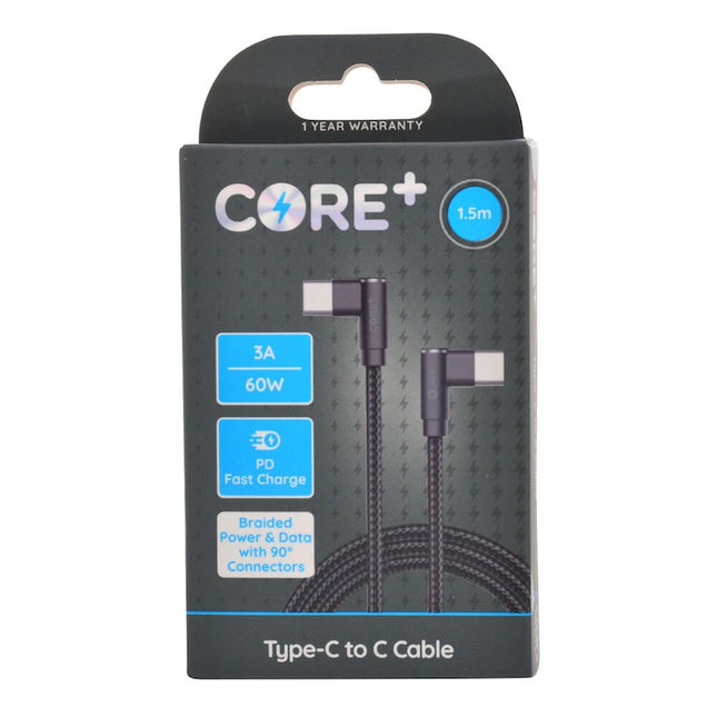 Core 90 Degrees Type C Charging Cable Data Cord Connector 60W 1.5m Black