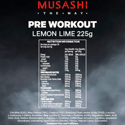 Musashi Pre Workout Lemon Lime 225g - OhYouLuckyDuck.com.au