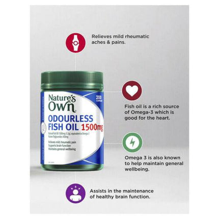 Natures Own Odourless Fish Oil 1500mg 200 Capsules - OhYouLuckyDuck.com.au