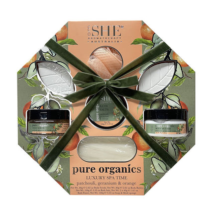 Om She Pure Organics Pamper Pack with Patchouli Geranium and Orange 3 Piece Set