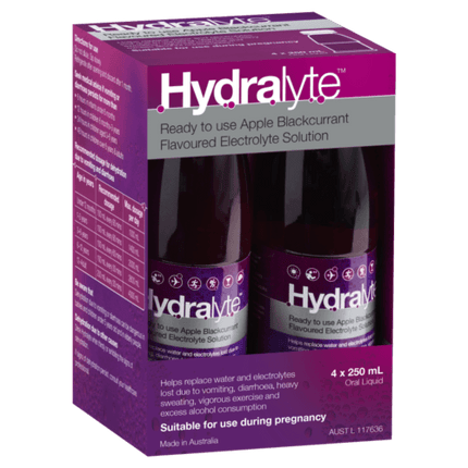 Hydralyte Electrolyte Solution Apple Blackcurrant 4 X 250ml - OhYouLuckyDuck.com.au
