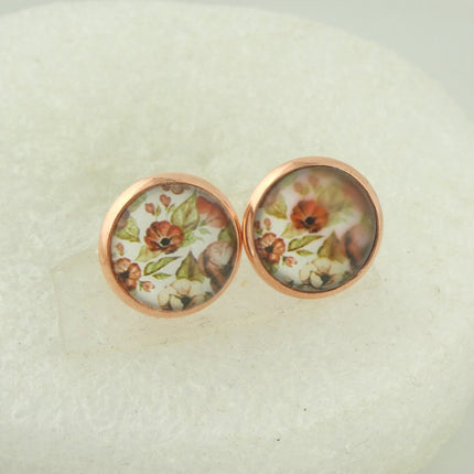 Rose Gold Floral Pattern Stud Earrings 12MM