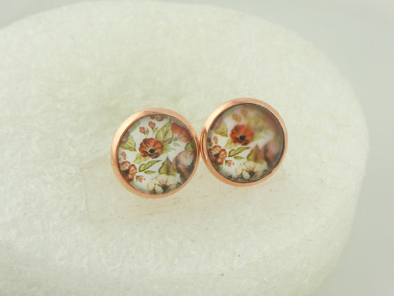 Rose Gold Floral Pattern Stud Earrings 12MM