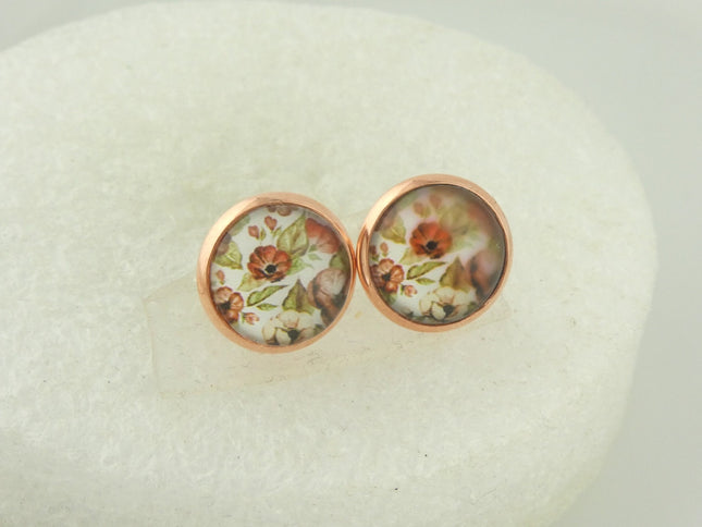 Rose Gold Floral Pattern Stud Earrings 12MM