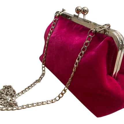 Handmade Hot Pink Velvet Clutch Purse with Floral Lining and Silver Chain