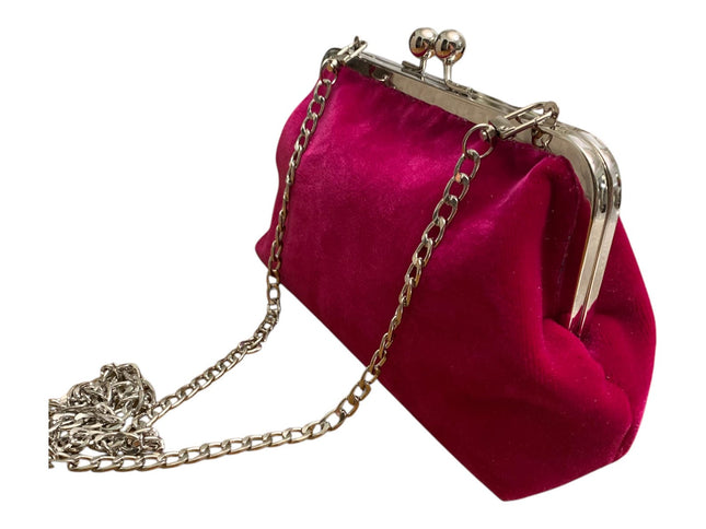 Handmade Hot Pink Velvet Clutch Purse with Floral Lining and Silver Chain