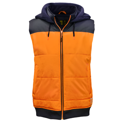Eleven Workwear Hi-Vis Spliced Quilted Vest With Fleece Hood Orange