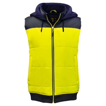 Eleven Workwear Hi-Vis Spliced Quilted Vest With Fleece Hood Yellow
