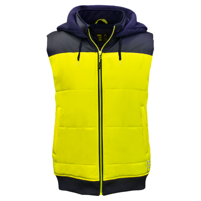 Eleven Workwear Hi-Vis Spliced Quilted Vest With Fleece Hood Yellow