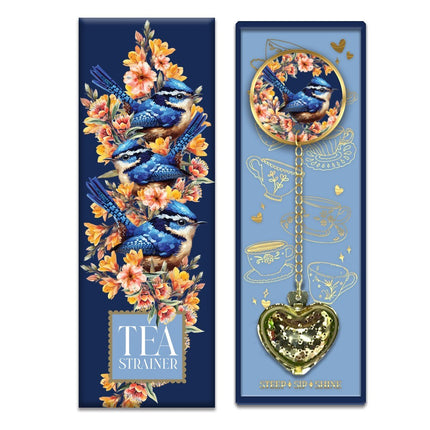 Lisa Pollock Ceramic Tea Strainer With Blue Wrens And Gold Detailing