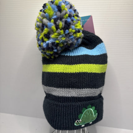 Essence Kids Dinosaur Striped Navy Green Blue Grey Pom Pom Beanie Children One Size