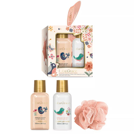 LuLu Grace Peach Shower Gel Body Lotion Loofah 3 Piece Set