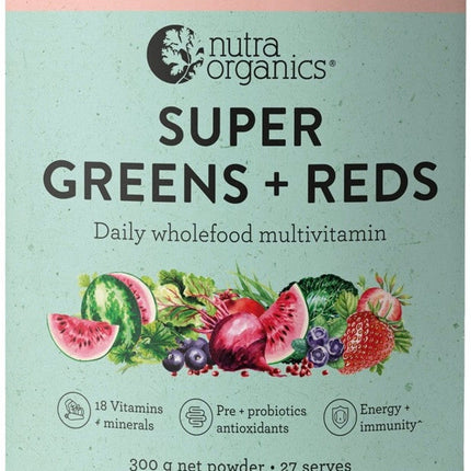 Nutra Organics Super Greens and Reds Powder Watermelon Strawberry 300g