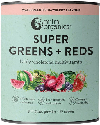 Nutra Organics Super Greens and Reds Powder Watermelon Strawberry 300g