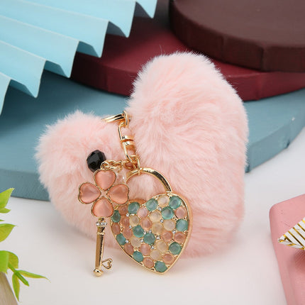 Key Chain Fluffy Heart Shaped Fur Ball Key Ring Pink Bag Hanging Decorative ZMS
