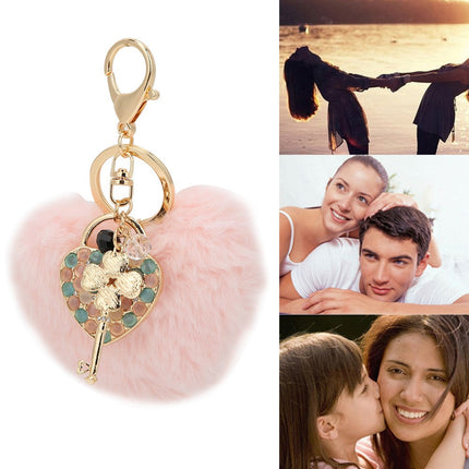 Key Chain Fluffy Heart Shaped Fur Ball Key Ring Pink Bag Hanging Decorative ZMS