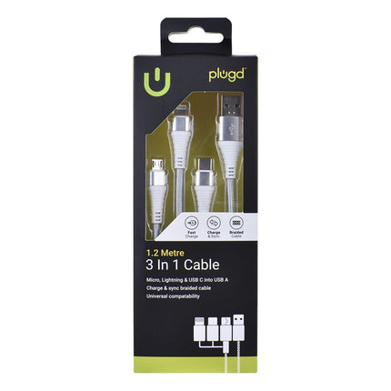 Pludg and Sync 3 In 1 Universal Charging Cable Usb A To Micro Usb Lightning And Usb C 1.2CM